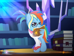 Size: 1000x750 | Tagged: safe, artist:nightmaremoons, rainbow dash, pegasus, pony, g4, alternate hairstyle, book, female, patreon, patreon logo, rainbow dork, show accurate, solo, wing hands