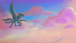 Size: 1920x1080 | Tagged: safe, artist:majorlaughmaster, rainbow dash, g4, cloud, female, flying, solo, sunset