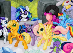 Size: 1024x744 | Tagged: safe, artist:jenkiwi, applejack, bon bon, derpy hooves, dj pon-3, fluttershy, lyra heartstrings, pinkie pie, rainbow dash, rarity, spike, sweetie drops, trixie, twilight sparkle, vinyl scratch, alicorn, bird, dragon, earth pony, kiwi, pegasus, pony, unicorn, g4, dancing, female, male, mane seven, mane six, mare, speaker, traditional art, turntable, twilight sparkle (alicorn)