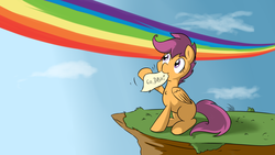 Size: 1920x1080 | Tagged: safe, artist:geneticanomaly, scootaloo, g4, female, implied rainbow dash, mouth hold, paper, rainbow trail, solo, waving