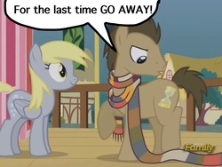 Size: 2048x1536 | Tagged: safe, edit, edited screencap, screencap, derpy hooves, doctor whooves, time turner, earth pony, pegasus, pony, g4, slice of life (episode), angry, clothes, discovery family logo, female, male, mare, scarf, speech bubble, stallion