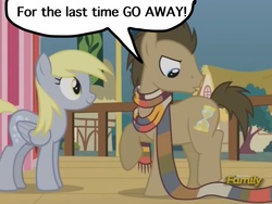 Size: 2048x1536 | Tagged: safe, edit, edited screencap, screencap, derpy hooves, doctor whooves, time turner, earth pony, pegasus, pony, g4, my little pony: friendship is magic, slice of life (episode), angry, clothes, discovery family logo, female, male, mare, scarf, speech bubble, stallion