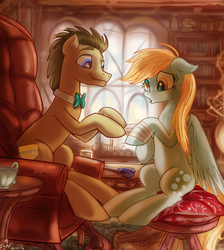 Size: 822x916 | Tagged: safe, artist:jowyb, derpy hooves, doctor whooves, time turner, pegasus, pony, g4, bandage, female, male, mare, ship:doctorderpy, shipping, straight