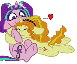 Size: 759x629 | Tagged: safe, artist:huskybtorchick, adagio dazzle, aria blaze, pony, unicorn, equestria girls, g4, my little pony equestria girls: rainbow rocks, blushing, equestria girls ponified, female, happy, hug, implied shipping, lesbian, ponified, ship:adaria, shipping, smiling, tsundaria, unicorn adagio dazzle, unicorn aria blaze