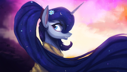 Size: 1920x1080 | Tagged: dead source, safe, artist:hierozaki, princess luna, alicorn, pony, g4, alternate hairstyle, female, flower, flower in hair, ponytail, smiling, solo