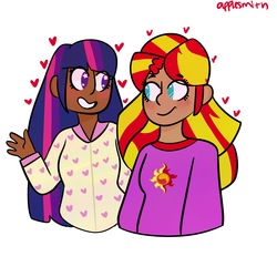 Size: 3000x3000 | Tagged: safe, artist:artoftheapple, sunset shimmer, twilight sparkle, human, g4, blushing, female, high res, humanized, lesbian, ship:sunsetsparkle, shipping