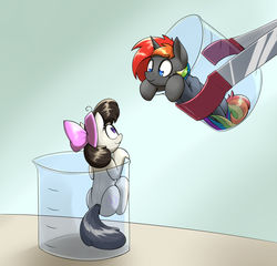 Size: 2288x2199 | Tagged: safe, artist:otakuap, oc, oc only, oc:aggie, oc:krylone, pony, cup, cup of pony, cute, high res, kryggie, micro, ocbetes, science, tiny, tiny ponies