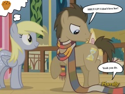 Size: 2048x1536 | Tagged: safe, edit, edited screencap, screencap, derpy hooves, doctor whooves, time turner, pegasus, pony, g4, slice of life (episode), angry, clothes, discovery family logo, female, food, like a million bits, male, mare, muffin, scarf, ship:doctorderpy, shipping, speech bubble, straight, town hall
