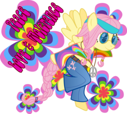 Size: 3817x3445 | Tagged: safe, artist:frozenfish696, fluttershy, g4, 60s, clothes, glasses, hippie, hippieshy, peace sign, simple background, transparent background