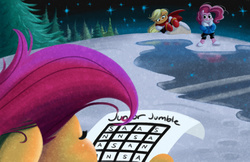 Size: 1280x828 | Tagged: safe, artist:bunnimation, applejack, pinkie pie, scootaloo, g4, apple japyrus, crossover, forest, frisk, friskaloo, ice, impossible, night, papyrus (undertale), puzzle, sans (undertale), sans pie, snow, stars, tree, trio, undertale, word search