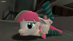 Size: 1366x768 | Tagged: safe, artist:cy4gsanta, blossomforth, g4, 3d, clothes, female, flexible, socks, solo, striped socks