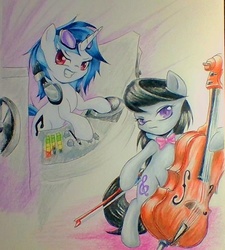 Size: 647x720 | Tagged: safe, artist:elusiveautumn, dj pon-3, octavia melody, vinyl scratch, g4, cello, headphones, musical instrument, traditional art