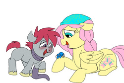 Size: 600x400 | Tagged: safe, artist:zee-stitch, fluttershy, oc, oc:apple core, spider, g4, blushing, offspring, parent:big macintosh, parent:marble pie, parents:marblemac, red nosed, sick, story in the source