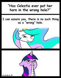 Size: 891x1129 | Tagged: safe, artist:strebiskunk, princess celestia, twilight sparkle, alicorn, pony, unicorn, ask horn warmer twilight, g4, bait and switch, bedroom eyes, comic, comic sans, female, floppy ears, frown, mare, smiling, unamused, wrong hole