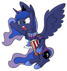 Size: 750x798 | Tagged: safe, artist:brisineo, princess luna, g4, 4chan, 4chan cup, 4chan cup scarf, angry, bloodshot eyes, clothes, female, food, giddy up, jersey, open mouth, popcorn, scarf, simple background, sitting, solo, sparkly mane, sports, spread wings, transparent background, vein, vein bulge, yelling