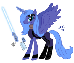 Size: 2798x2400 | Tagged: dead source, safe, artist:e-e-r, princess luna, g4, bodysuit, clothes, crossover, dark side, female, filly, frown, glare, goggles, high res, levitation, lightsaber, magic, mara jade, scarf, simple background, solo, spread wings, star wars, star wars legends, telekinesis, transparent background, weapon
