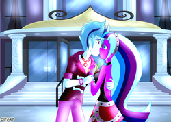 Size: 2330x1660 | Tagged: safe, artist:dieart77, sonata dusk, oc, oc:serenna rae, equestria girls, g4, bracelet, canterlot high, duo, gem, half r63 shipping, jewelry, kiss on the lips, kissing, magic, needs more jpeg, rule 63, scherzo lesto, serennalesto, shipping, siren gem