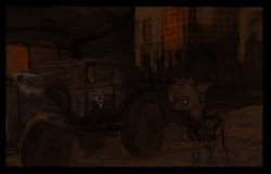 Size: 1523x981 | Tagged: safe, artist:celestiawept, scootaloo, g4, bedroom eyes, car, clothes, female, leather jacket, mad max, solo