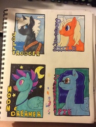 Size: 960x1280 | Tagged: safe, artist:lazer_the_hyena, oc, oc only, oc:dreamsicle, oc:jazzberry pie, oc:jolly rodger, oc:moon dreamer, pegasus, pony, unicorn, badge, photo