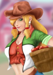 Size: 620x877 | Tagged: safe, artist:reillyington86, applejack, human, g4, apple, female, food, humanized, solo