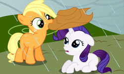 Size: 984x591 | Tagged: safe, artist:coltsteelstallion, edit, applejack, rarity, g4, cropped, cute, filly, filly applejack, filly rarity, jackabetes, mouth hold, rain, raribetes