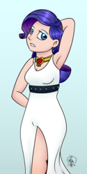 Size: 1000x2000 | Tagged: safe, artist:notenoughapples, rarity, human, g4, armpits, clothes, dress, female, fire ruby, humanized, lip bite, necklace, side slit, solo