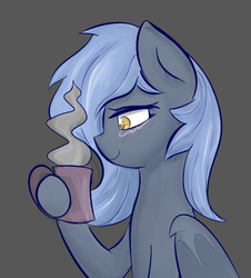 Size: 673x744 | Tagged: safe, artist:owlnon, oc, oc only, oc:panne, bat pony, pony, mug, smoke, solo