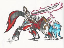Size: 1024x771 | Tagged: safe, artist:yeetsun116, pony, clothes, excalibur (warframe), ponified, solo, suit, video game, warframe, weapon