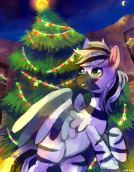 Size: 1280x1631 | Tagged: safe, artist:cherivinca, oc, oc only, zebra, zebrasus, christmas, christmas tree, solo, tree