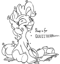 Size: 243x259 | Tagged: dead source, safe, artist:stoic5, pinkie pie, earth pony, pony, g4, chest fluff, coffee, dialogue, female, food, grin, leg twitch, mare, messy mane, monochrome, picture for breezies, pinkie found the coffee, sitting, solo, wide eyes, xk-class end-of-the-world scenario