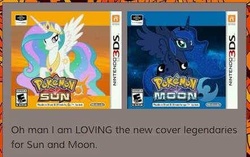 Size: 442x277 | Tagged: safe, princess celestia, princess luna, g4, 3ds, e10+ rating, esrb, moon, needs more jpeg, pokémon, sun