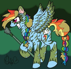 Size: 600x582 | Tagged: safe, artist:sweetheart-arts, rainbow dash, g4, alternate timeline, chrysalis resistance timeline, female, solo, spear, weapon