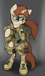 Size: 2400x3974 | Tagged: safe, artist:orang111, oc, oc only, oc:scalpel, pony, unicorn, armor, armpad computer, assault rifle, bipedal, camouflage, clothes, geissele automatics, goggles, grenade, gun, high res, hologram, hud, hxd-1, korean, m72, military, military uniform, operator, pda, picatinny rail, rifle, soldier, tacticool, uniform, weapon