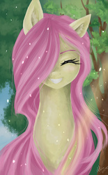 Size: 1240x2000 | Tagged: safe, artist:alicesmitt31, fluttershy, pony, g4, bust, cute, eyes closed, female, hair over one eye, looking at you, mare, portrait, shyabetes, smiling, solo, tree
