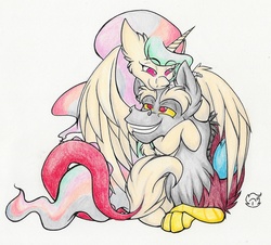 Size: 2084x1887 | Tagged: safe, artist:nekotigerfire, discord, princess celestia, g4, female, grin, hug, male, prone, ship:dislestia, shipping, smiling, snuggling, straight, traditional art, winghug