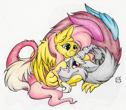 Size: 2001x1763 | Tagged: safe, artist:nekotigerfire, discord, fluttershy, g4, female, hug, male, ship:discoshy, shipping, smiling, snuggling, straight, traditional art
