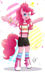 Size: 1200x1920 | Tagged: safe, artist:laptop-pone, doomie, pinkie pie, earth pony, pony, semi-anthro, g4, bipedal, clothes, female, hoof boots, shorts, socks, solo, suspenders, t-shirt