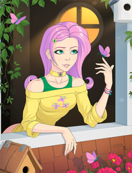 Size: 1146x1500 | Tagged: safe, artist:kifir, fluttershy, butterfly, human, g4, clothes, female, humanized, off shoulder, shirt, solo, tank top