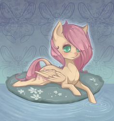 Size: 600x635 | Tagged: dead source, safe, artist:misukitty, fluttershy, g4, cute, female, prone, solo, water