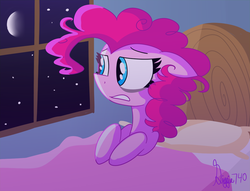 Size: 800x610 | Tagged: safe, artist:siggie740, pinkie pie, g4, bed, female, frazzled, gritted teeth, moon, night, solo