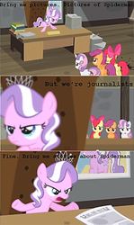 Size: 351x587 | Tagged: safe, screencap, apple bloom, diamond tiara, scootaloo, sweetie belle, g4, ponyville confidential, cutie mark crusaders, gabby gums, j. jonah jameson, male, spider-man, the simpsons