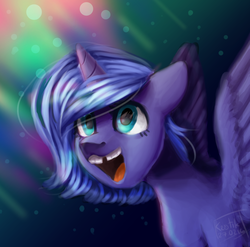 Size: 2024x2000 | Tagged: safe, artist:krotik, princess luna, g4, female, filly, gap teeth, high res, open mouth, solo, spread wings, woona