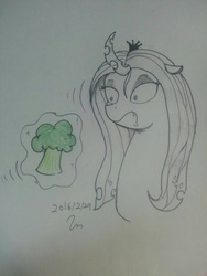 Size: 720x960 | Tagged: safe, artist:passigcamel, queen chrysalis, g4, broccoli, female, food, solo, traditional art