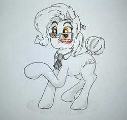 Size: 2217x2097 | Tagged: safe, artist:the sexy assistant, grace manewitz, earth pony, pony, g4, blushing, collar, female, glasses, high res, mare, monochrome, pencil, solo, traditional art