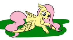Size: 801x440 | Tagged: safe, artist:fullmoondagger, fluttershy, g4, female, floppy ears, flower, looking at something, looking down, lying down, simple background, solo, spread wings