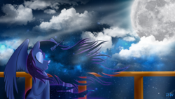 Size: 4000x2250 | Tagged: safe, artist:darkwolfmx, princess luna, alicorn, pony, g4, balcony, cloud, ethereal mane, eyes closed, eyeshadow, female, galaxy mane, makeup, moon, moonlight, solo