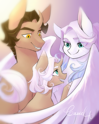 Size: 1000x1250 | Tagged: safe, artist:cassiel, oc, oc only, oc:cassiel, classical unicorn, pegasus, pony, family, father and daughter, horn, hug, leonine tail, mother and daughter, winghug