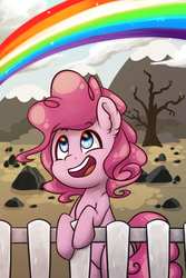 Size: 2000x3000 | Tagged: safe, artist:gumlball, pinkie pie, g4, the cutie mark chronicles, cute, female, fence, filly, filly pinkie pie, happy, high res, leaning, rainbow, rock farm, smiling, solo, sonic rainboom