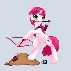 Size: 600x600 | Tagged: safe, artist:purplemoody, lovestruck, pony, unicorn, g4, arrow, bow (weapon), bow and arrow, cutie mark, female, heart arrow, mare, mouth hold, quiver, sack, weapon