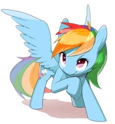 Size: 1280x1388 | Tagged: safe, artist:30clock, rainbow dash, pegasus, pony, g4, cute, dashabetes, female, grin, mare, raised hoof, simple background, smiling, smirk, solo, spread wings, white background